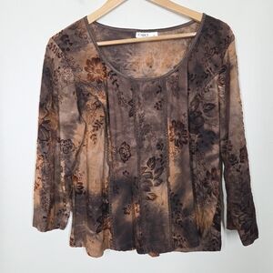 Vtg Y2K Cato Brown Orange Floral Burnout Dark Floral Top XL Fairy Whimsigoth